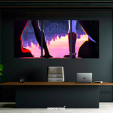 Spider-Verse wall art poster split into three panels showing Spider-Man characters on a city rooftop at sunset